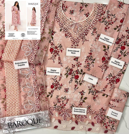 Digital Printed Lawn 3PC Suit with Embroidered Organza Dupatta