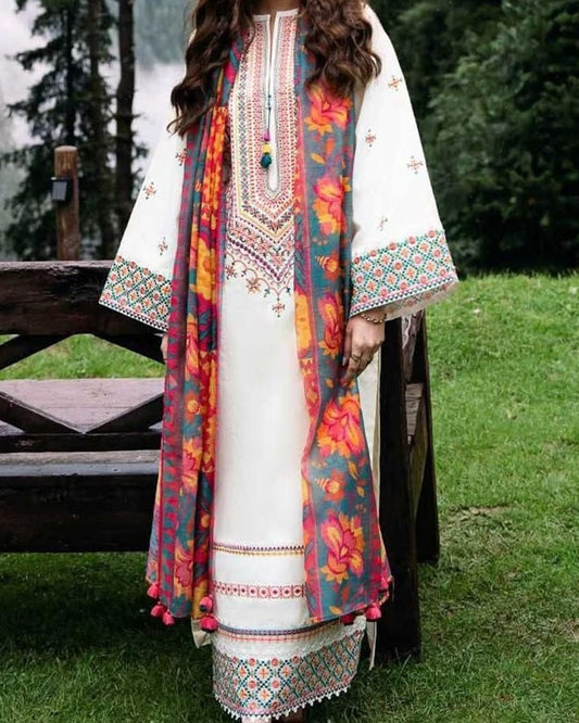 Premium 3PC Air-Jet Lawn Suit with Embroidery & Monark Dupatta