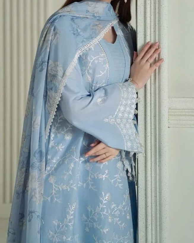 Premium 3PC Embroidered Air-Jet Lawn Suit – 90/70 Quality