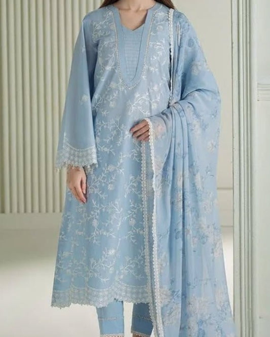 Premium 3PC Embroidered Air-Jet Lawn Suit – 90/70 Quality