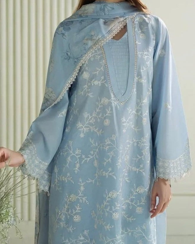 Premium 3PC Embroidered Air-Jet Lawn Suit – 90/70 Quality