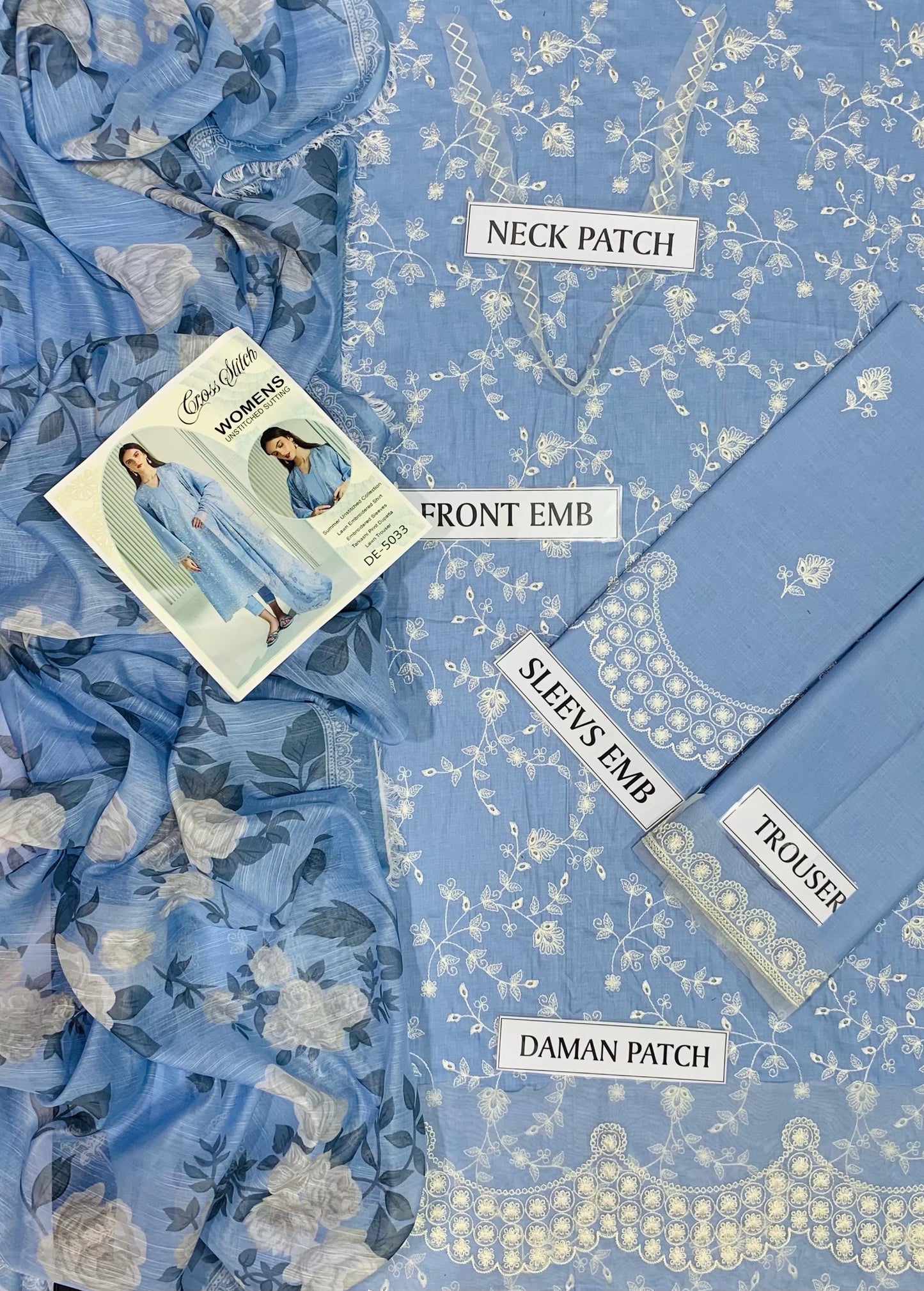 Premium 3PC Embroidered Air-Jet Lawn Suit – 90/70 Quality