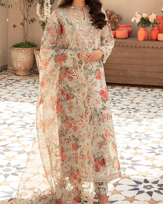 Premium 3PC Swiss Lawn Suit with Embroidered Organza Dupatta