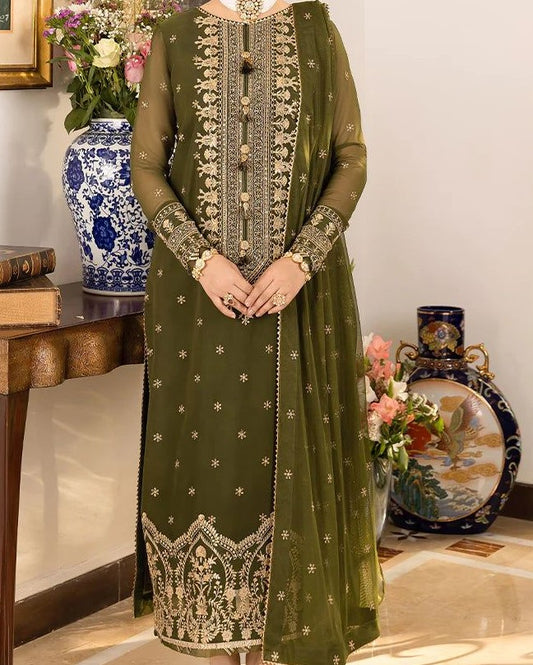 Elegant Embroidered Chiffon Suit with Satin Silk Trouser