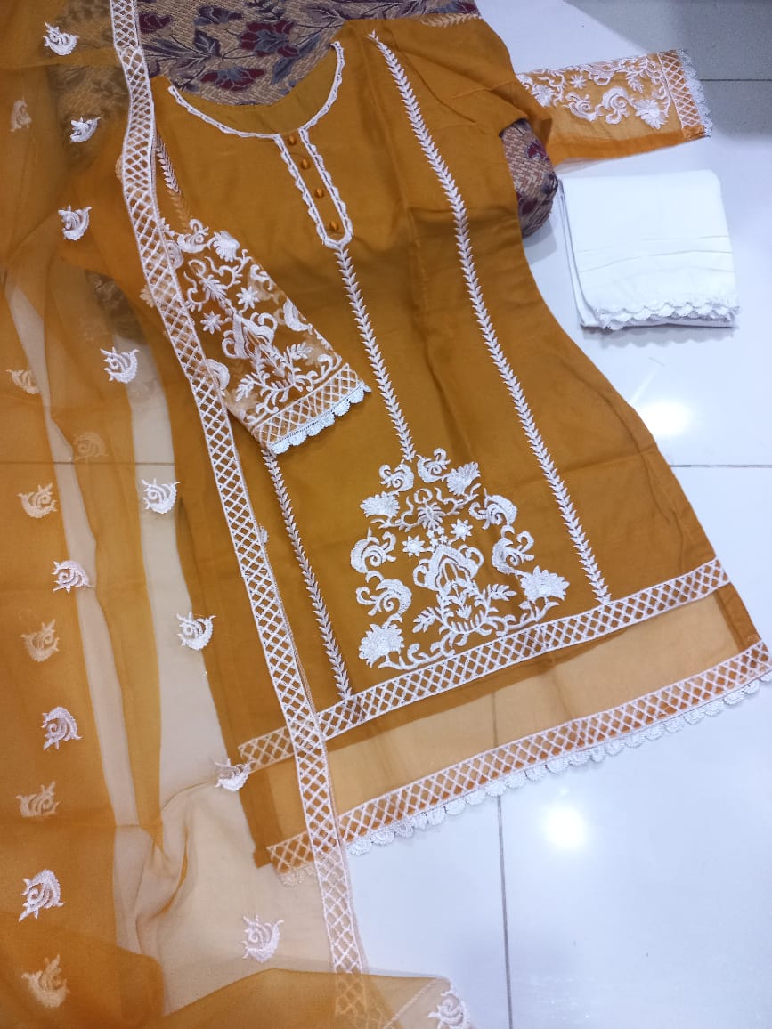 Timeless Elegance – 3PC Embroidered Organza Suit Stitched