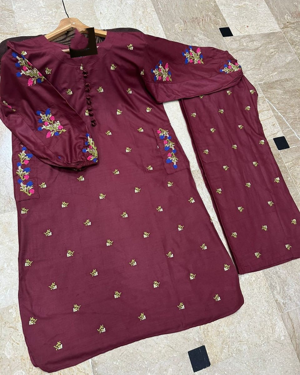 Soft Elegance – 2PC Embroidered Linen Set Stitched