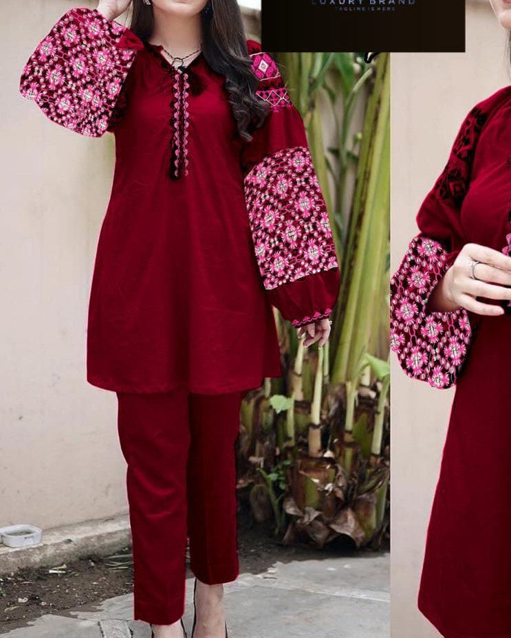 Breezy Elegance – Embroidered Jabla Sleeve 2PC Set Stitched