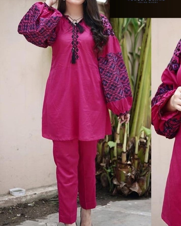 Breezy Elegance – Embroidered Jabla Sleeve 2PC Set Stitched