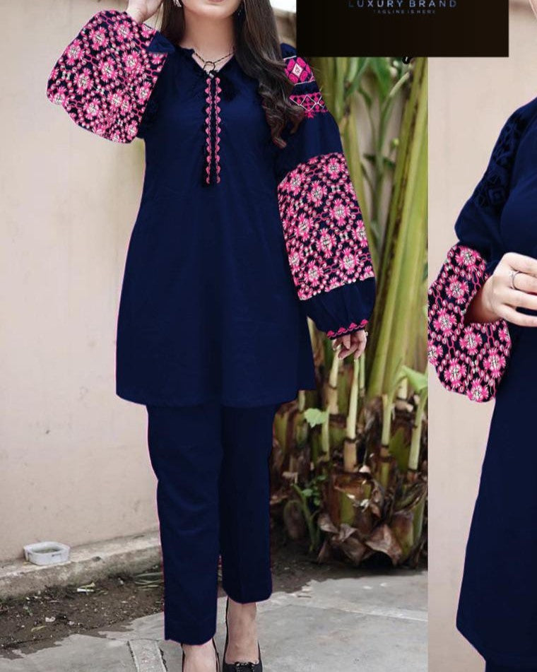 Breezy Elegance – Embroidered Jabla Sleeve 2PC Set Stitched