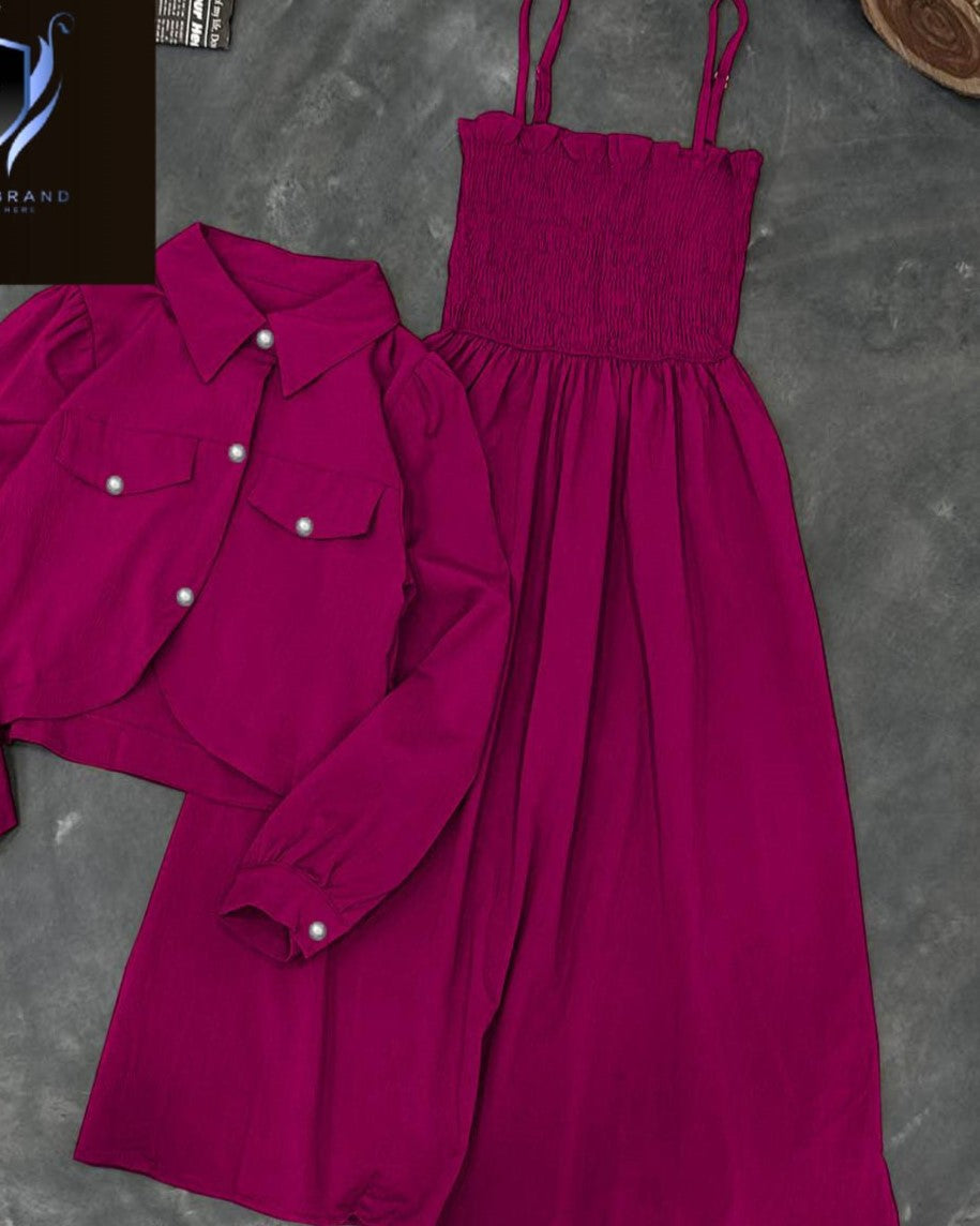 Kaaj Button Coati with Gazzer Romper Frock 2PC Set Stitched