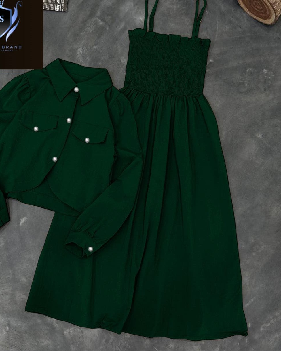 Kaaj Button Coati with Gazzer Romper Frock 2PC Set Stitched