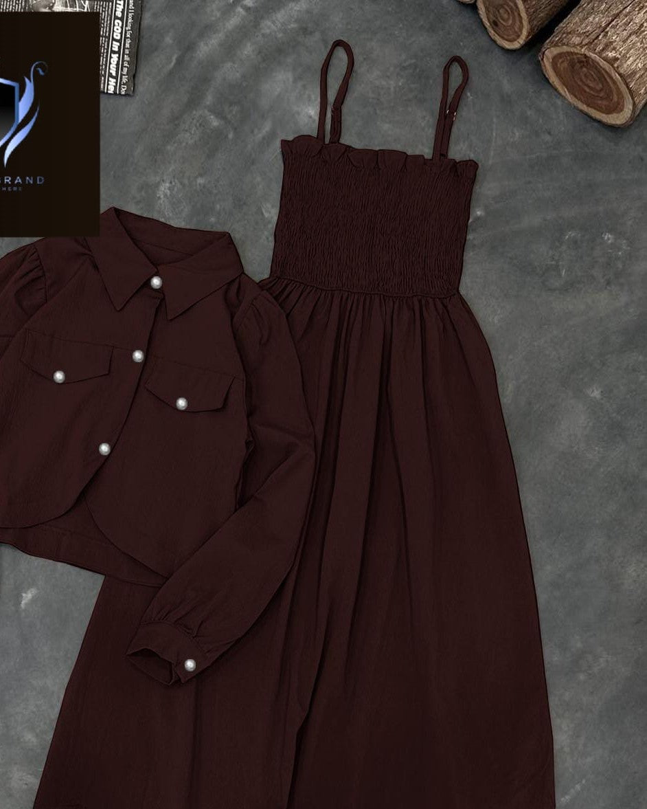 Kaaj Button Coati with Gazzer Romper Frock 2PC Set Stitched