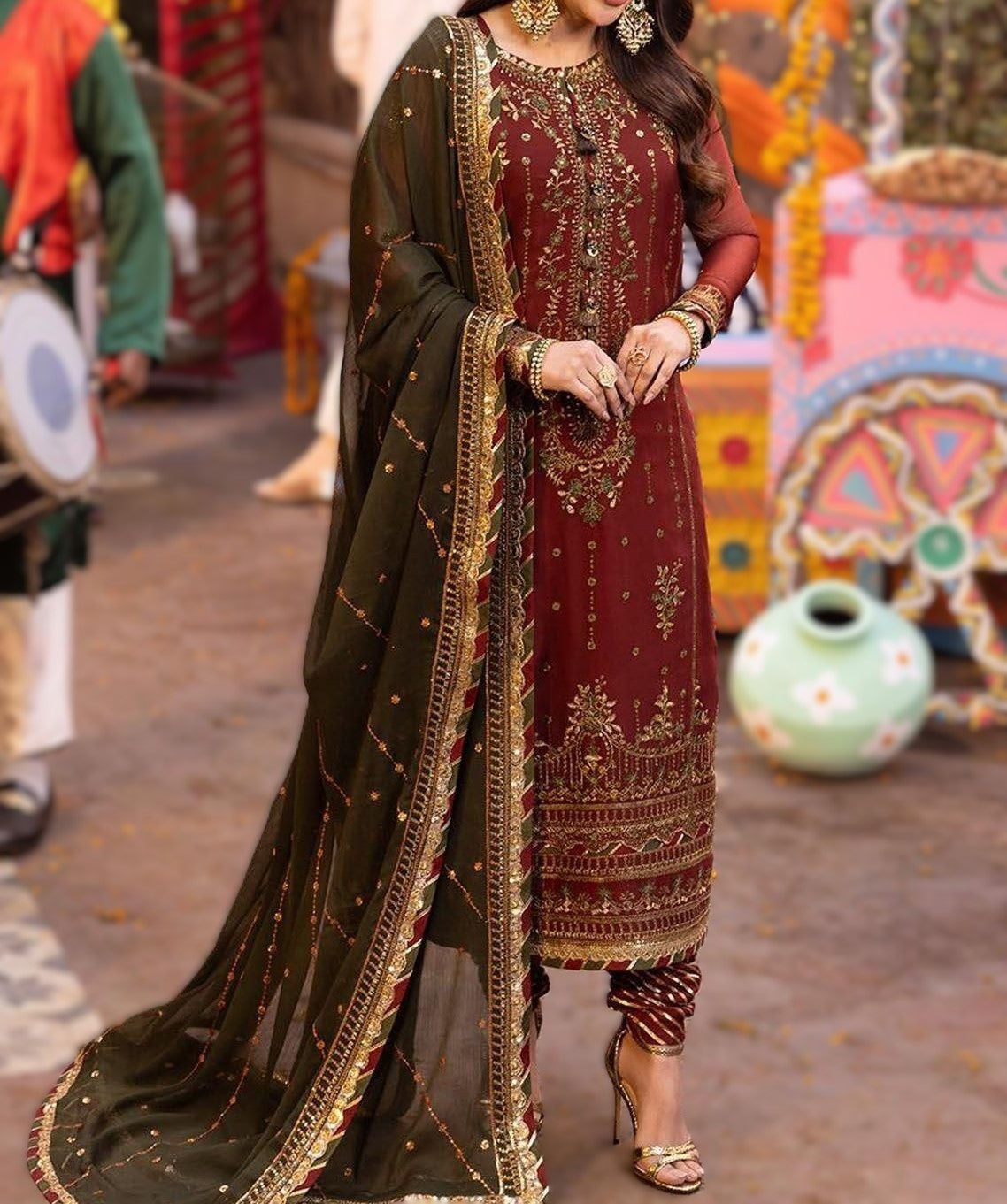 Luxury Embroidered Unstitched 3Pc Wedding Dress