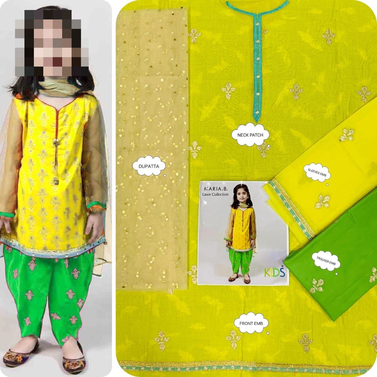 Kids Luxury Cotton Lawn Embroidered 3Pc Suit
