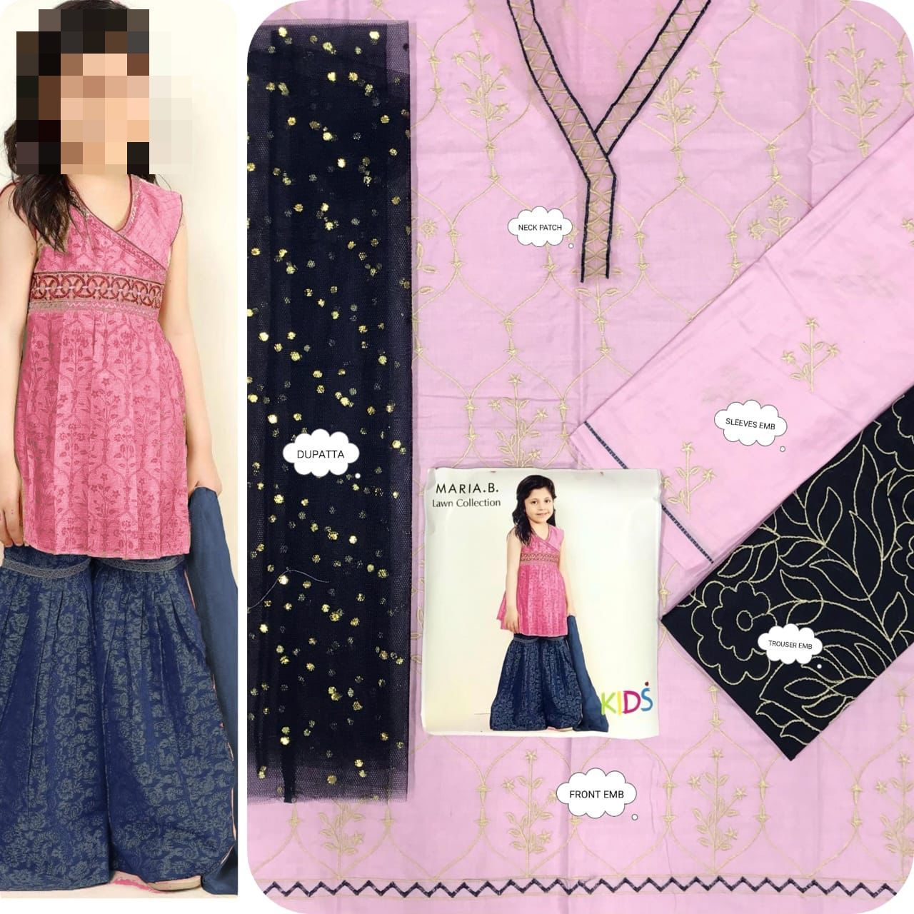 Kids Luxury Cotton Lawn Embroidered 3Pc Suit