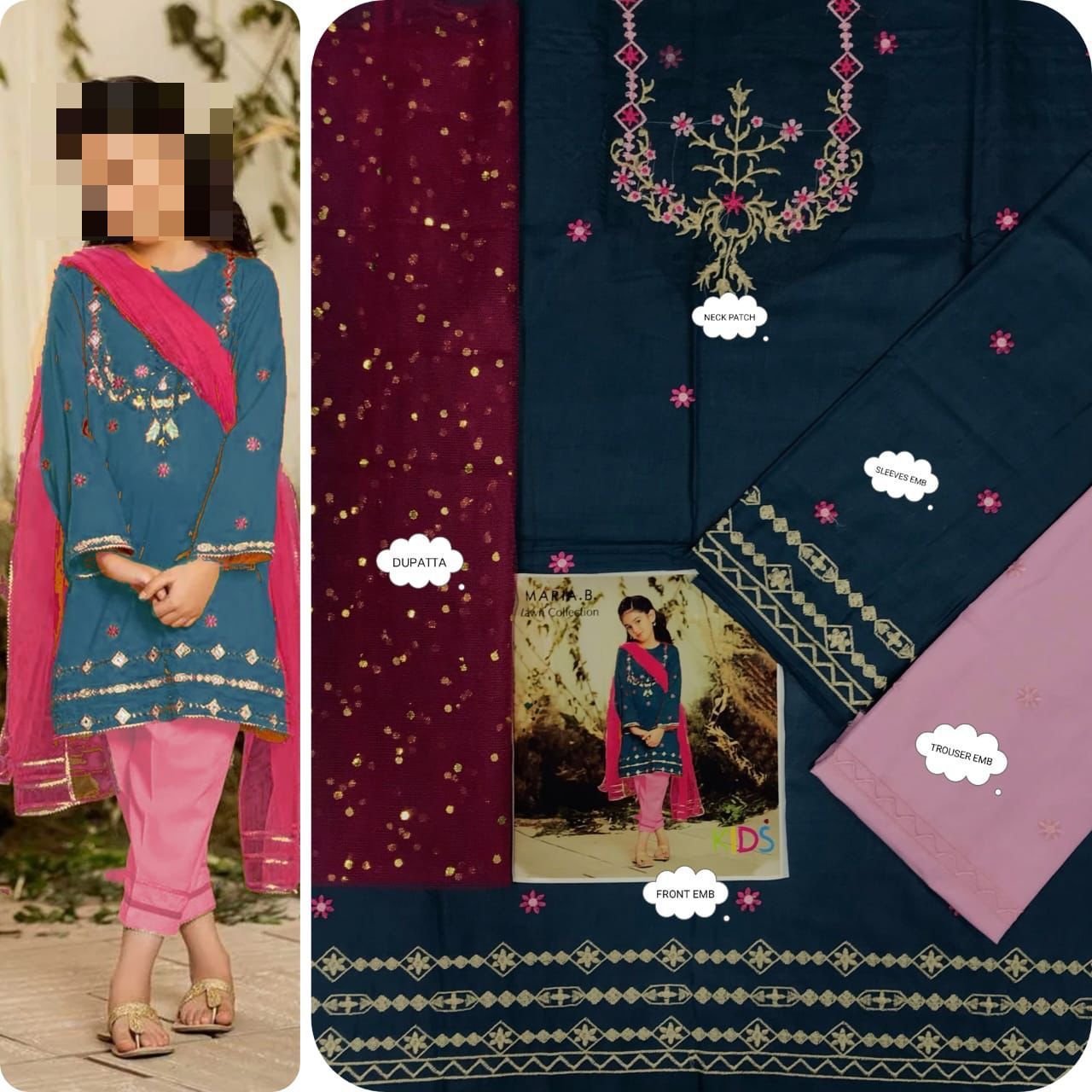 Kids Luxury Cotton Lawn Embroidered 3Pc Suit
