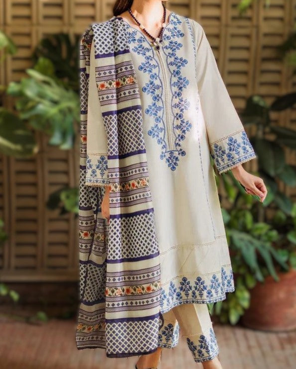 Affordable embroidered lawn dress with dupatta and trouser