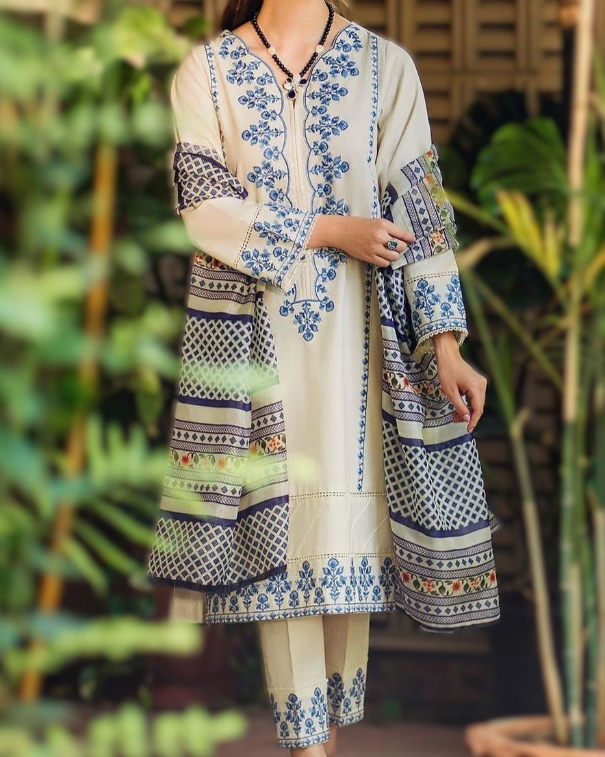 Affordable embroidered lawn dress with dupatta and trouser
