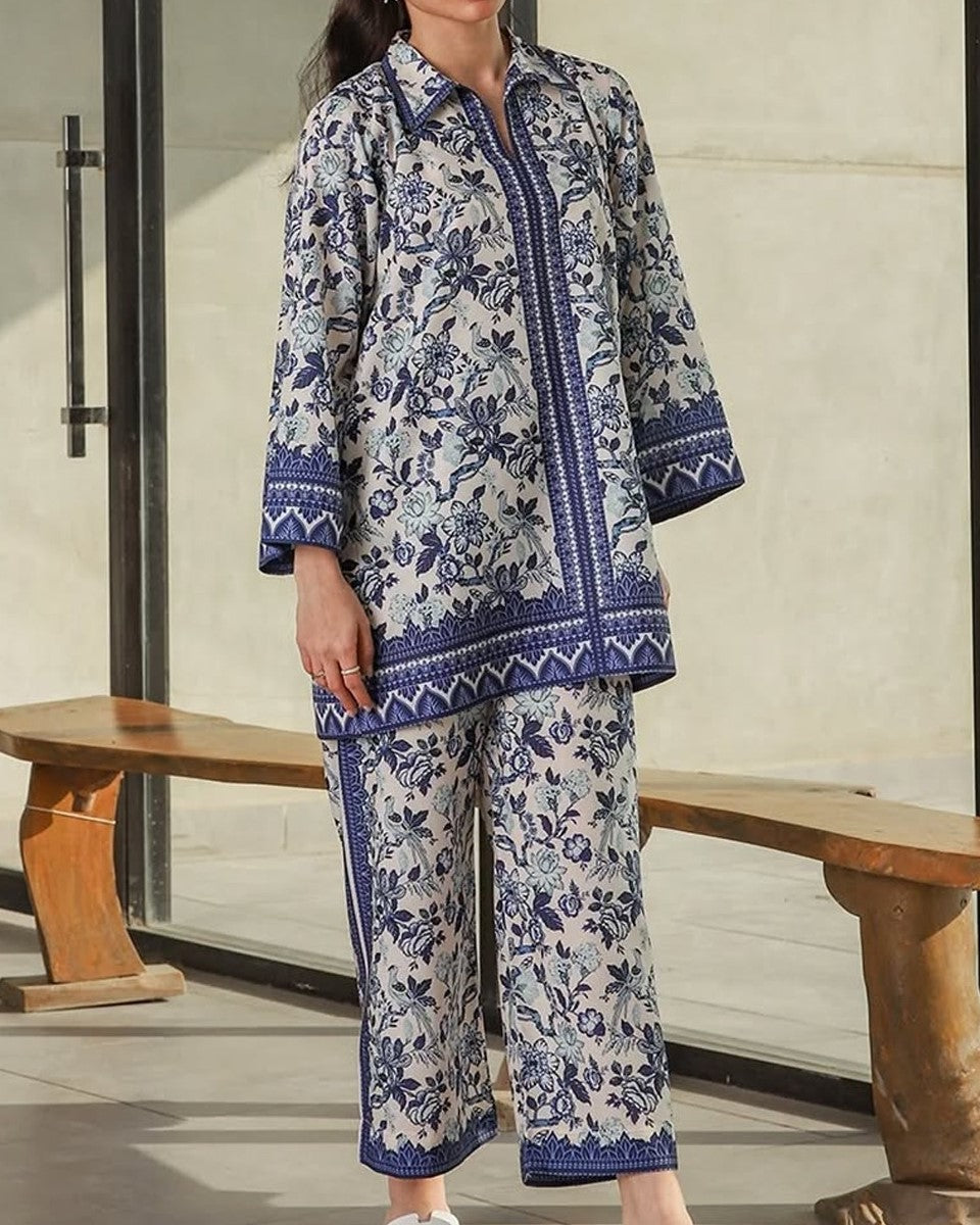 Stitched 2 piece printed shirt with trouser – summer collection 2025