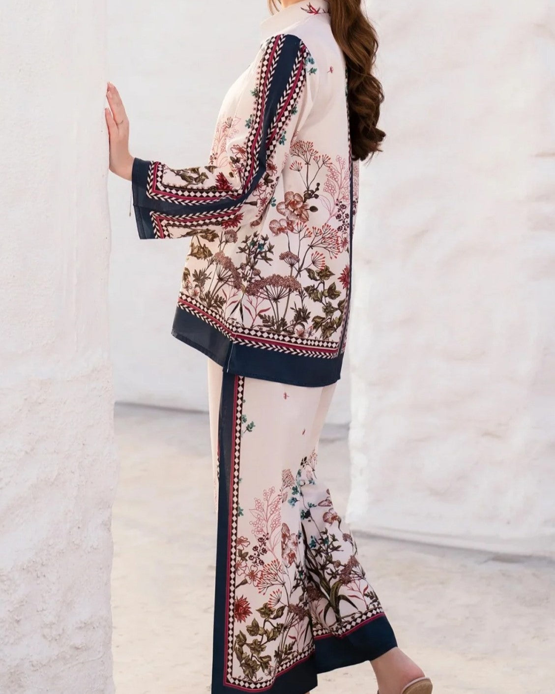 Printed 2 piece stitched shirt and trouser with size chart details