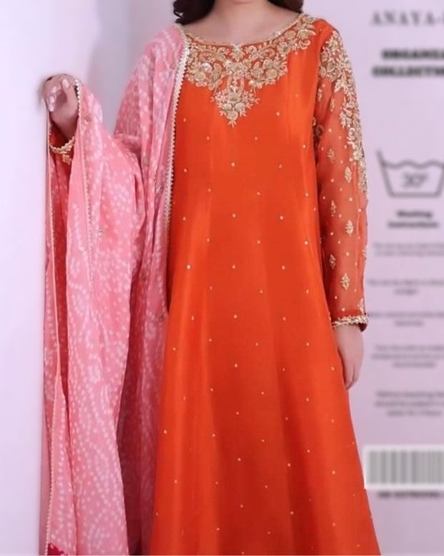 Heavy embroidered neckline with handwork on rust kalidaar dress