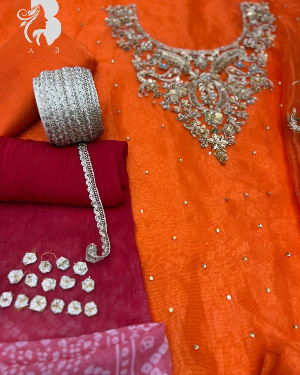 Rust Kalidaar embroidered 3 piece dress with chunri dupatta