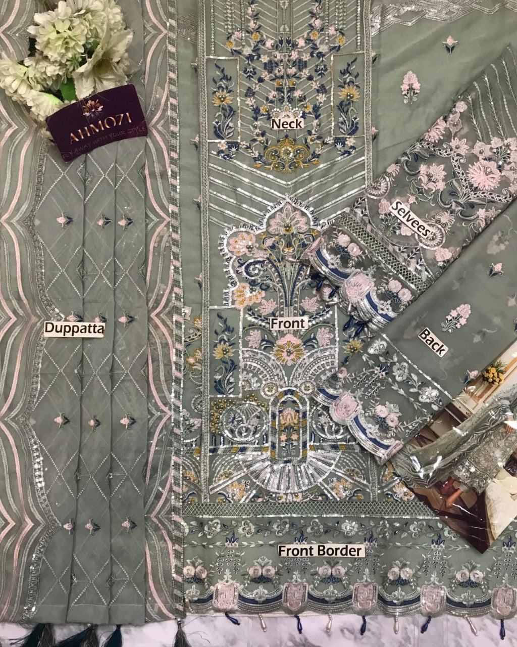 Luxury embroidered chiffon unstitched suit with dupatta and trouser
