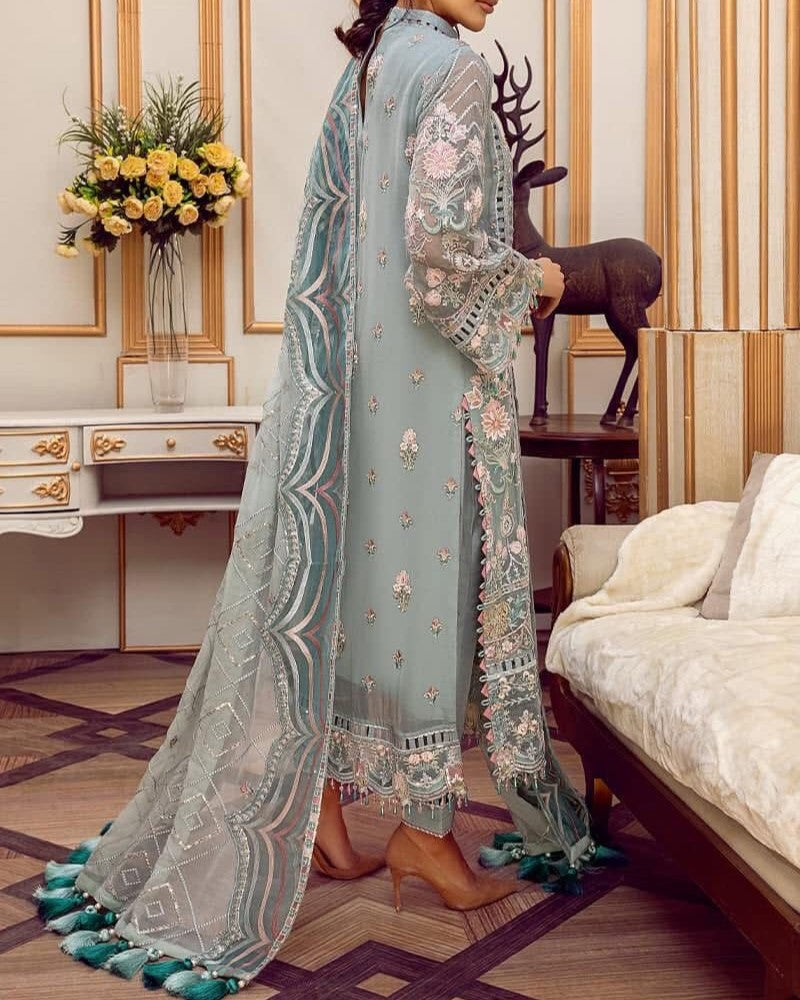Luxury embroidered chiffon unstitched suit with dupatta and trouser