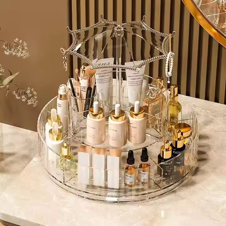 Light Luxury 360° Rotating Cosmetics Storage Box – Transparent Skincare & Jewelry Organizer