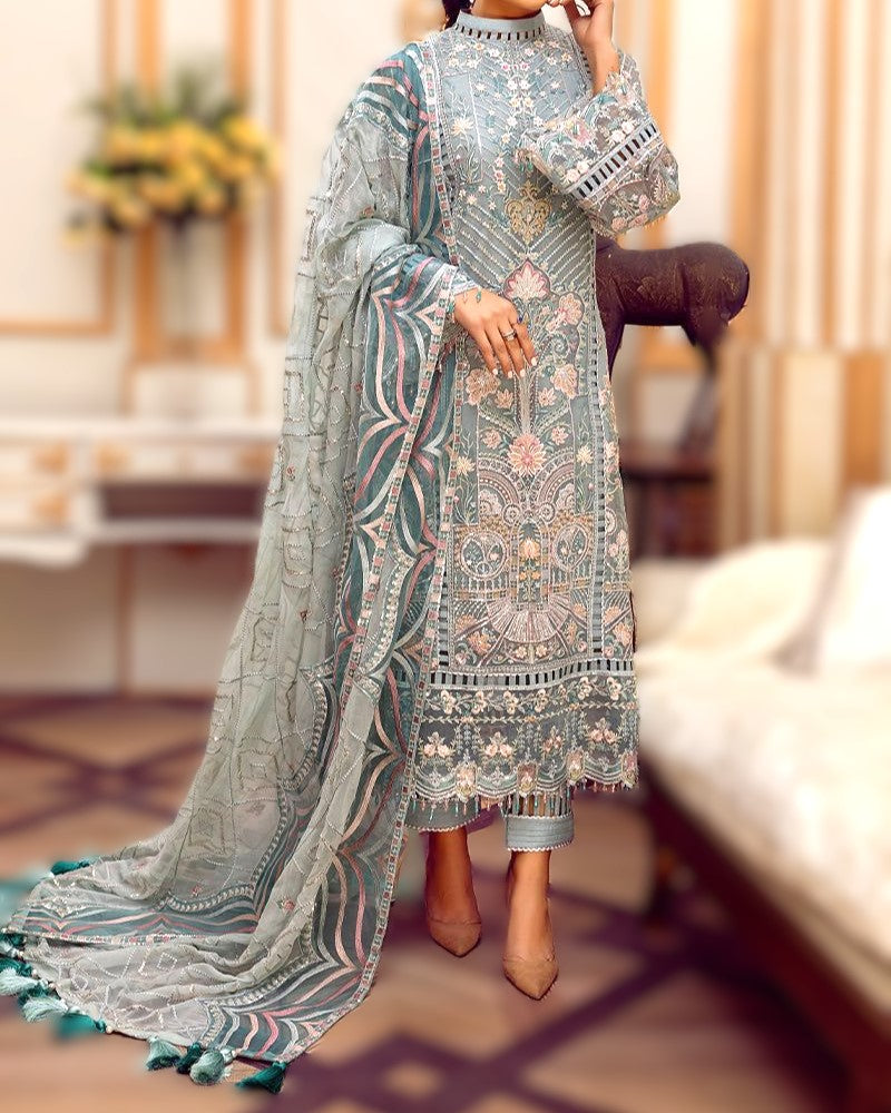 Luxury embroidered chiffon unstitched suit with dupatta and trouser