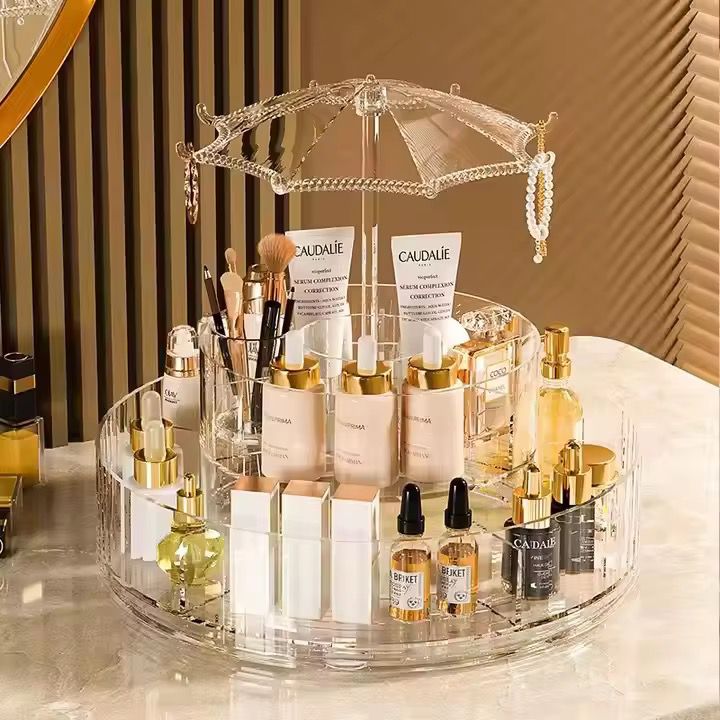 Light Luxury 360° Rotating Cosmetics Storage Box – Transparent Skincare & Jewelry Organizer