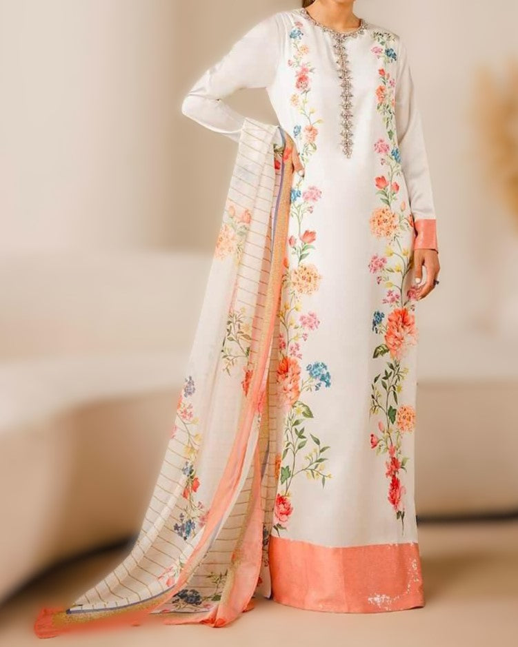 Luxury silk 3 piece unstitched suit with heavy embroidery and digital print – front view