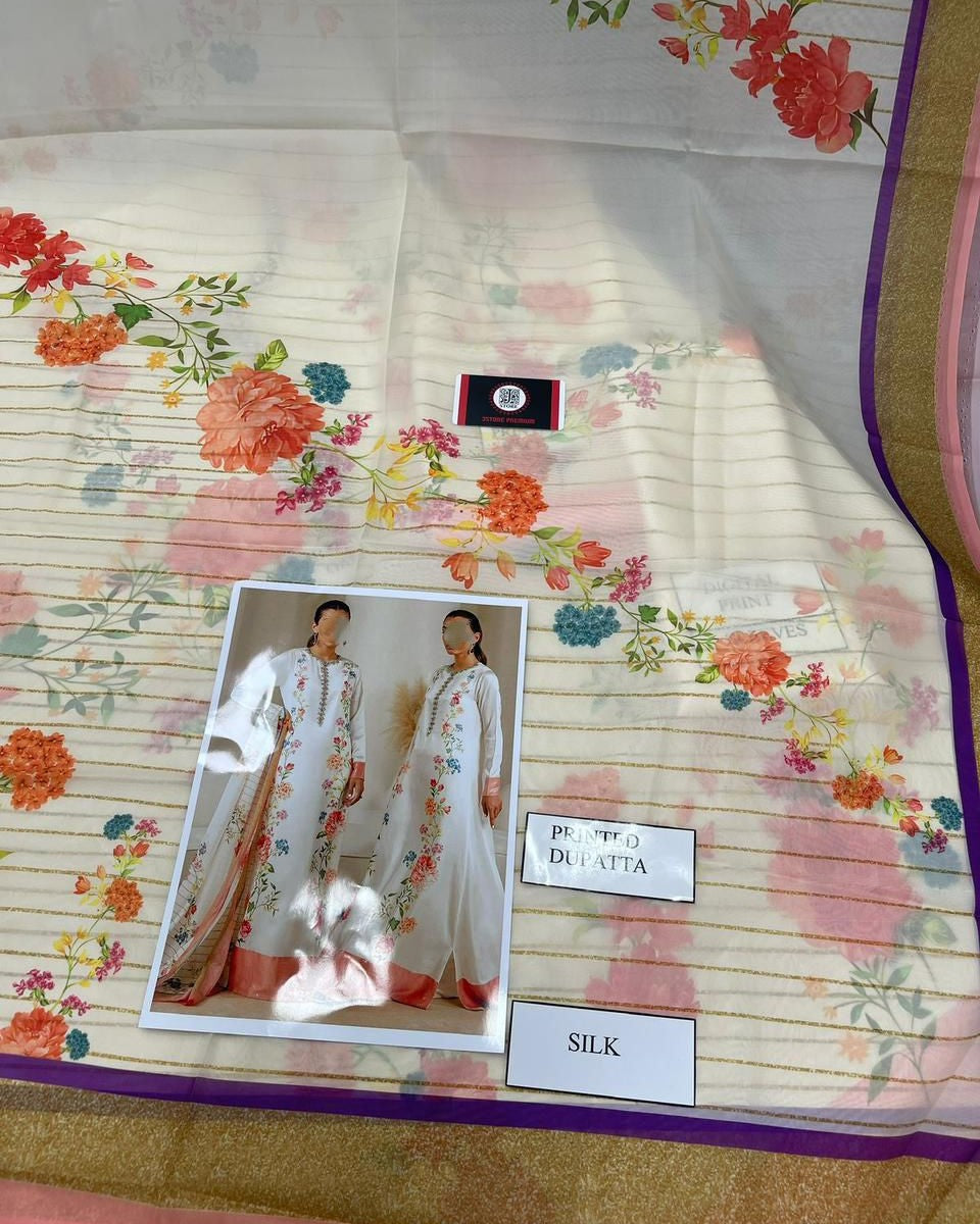 Luxury Silk 3 Piece Unstitched Suit – Heavy Embroidery & Digital Print