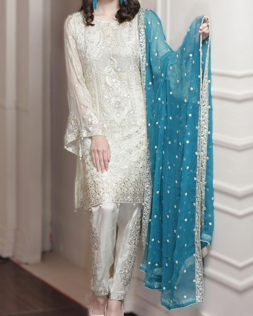 Full embroidered chiffon dupatta with two side borders
Festive chiffon suit for weddings and parties – premium design