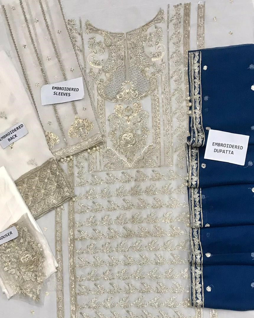 Embroidered fabric pieces with labels on a light gray background