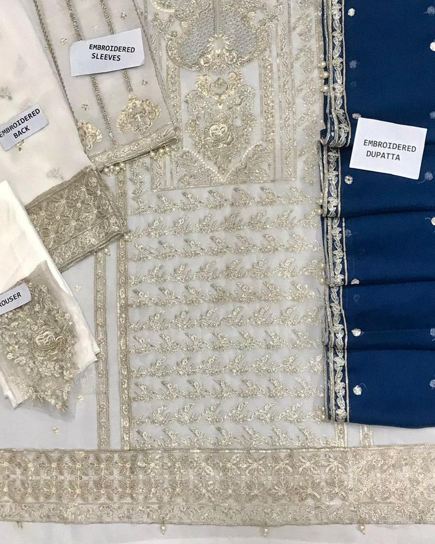 Full embroidered chiffon dupatta with two side borders
Festive chiffon suit for weddings and parties – premium design