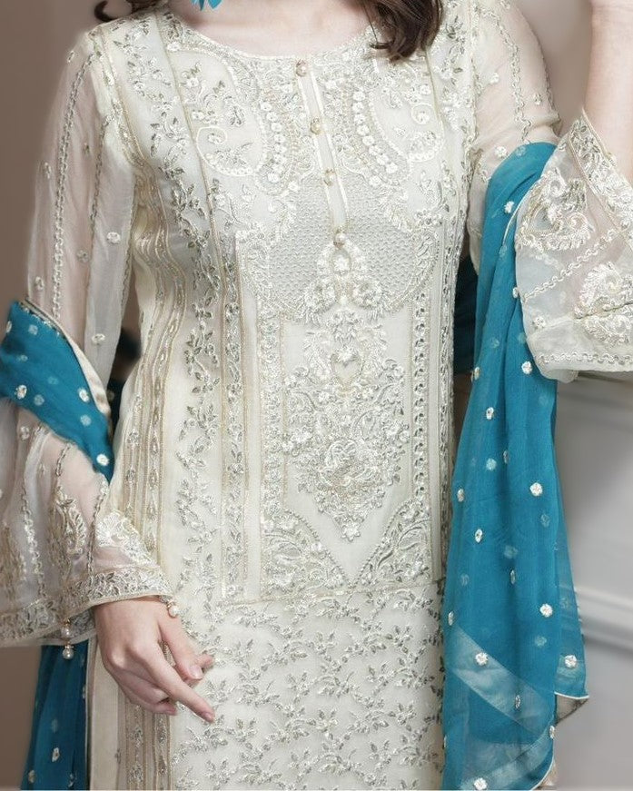 Full embroidered chiffon dupatta with two side borders
Festive chiffon suit for weddings and parties – premium design