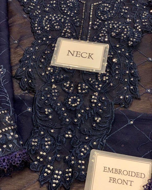 Navy Blue Chiffon Embroidered Dress