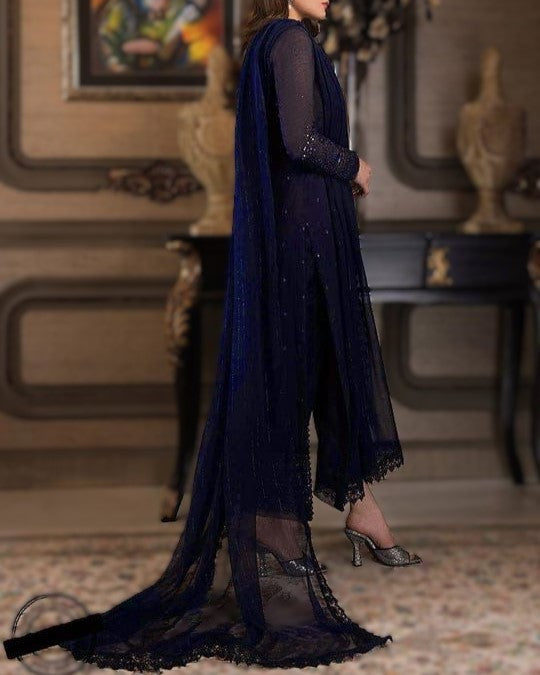 Navy Blue Chiffon Embroidered Dress