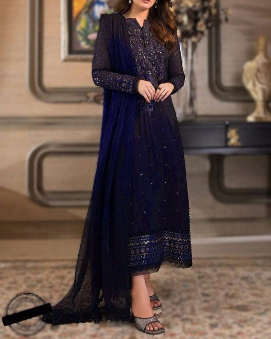 Navy Blue Chiffon Embroidered Dress