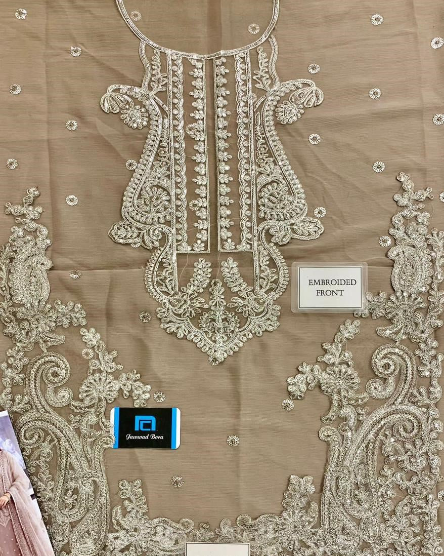 Net embroidered dupatta with 4 side heavy border
Dyed malai trouser for chiffon embroidered dress