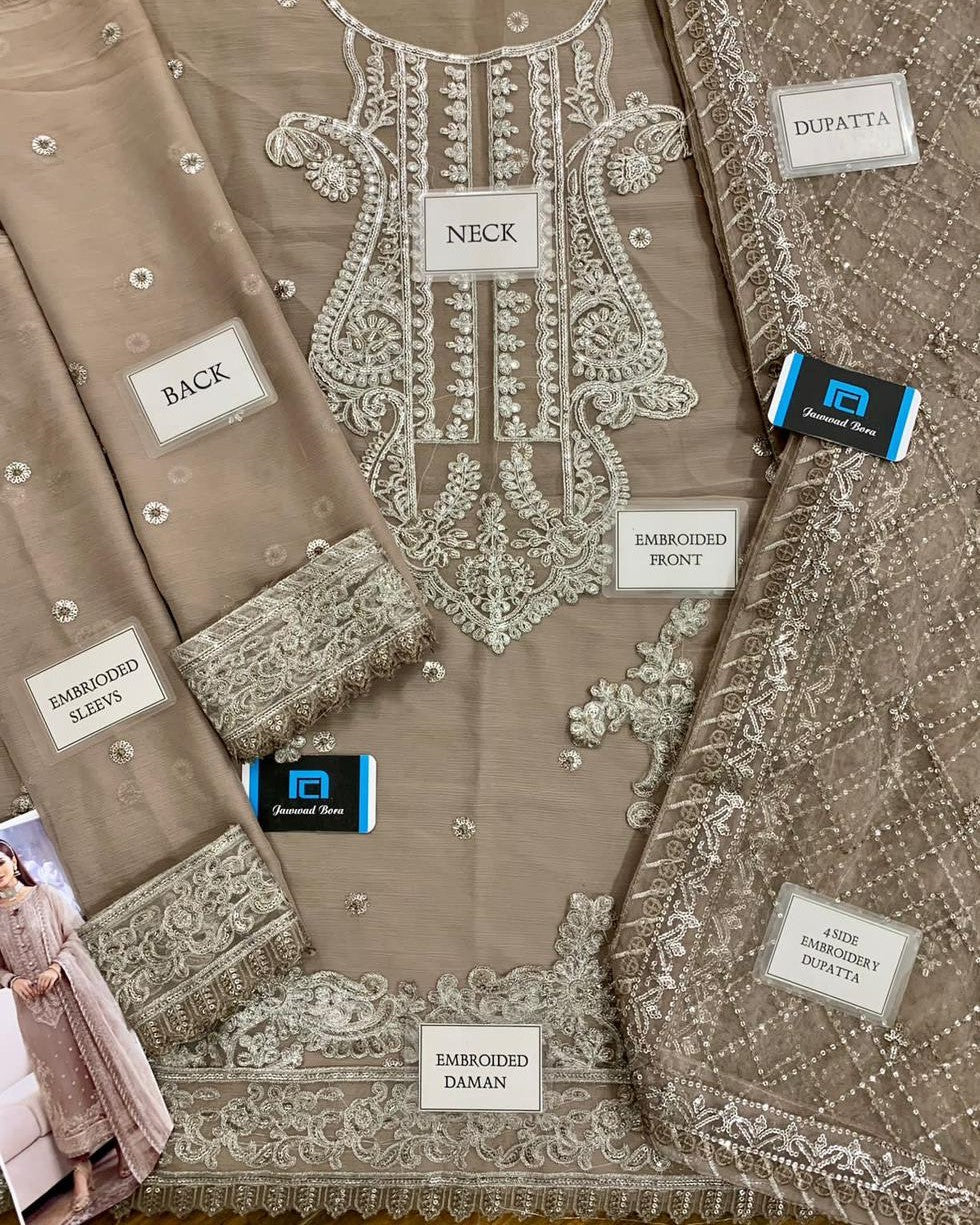 Net embroidered dupatta with 4 side heavy border
Dyed malai trouser for chiffon embroidered dress