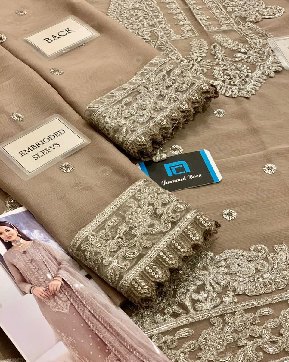 Net embroidered dupatta with 4 side heavy border
Dyed malai trouser for chiffon embroidered dress