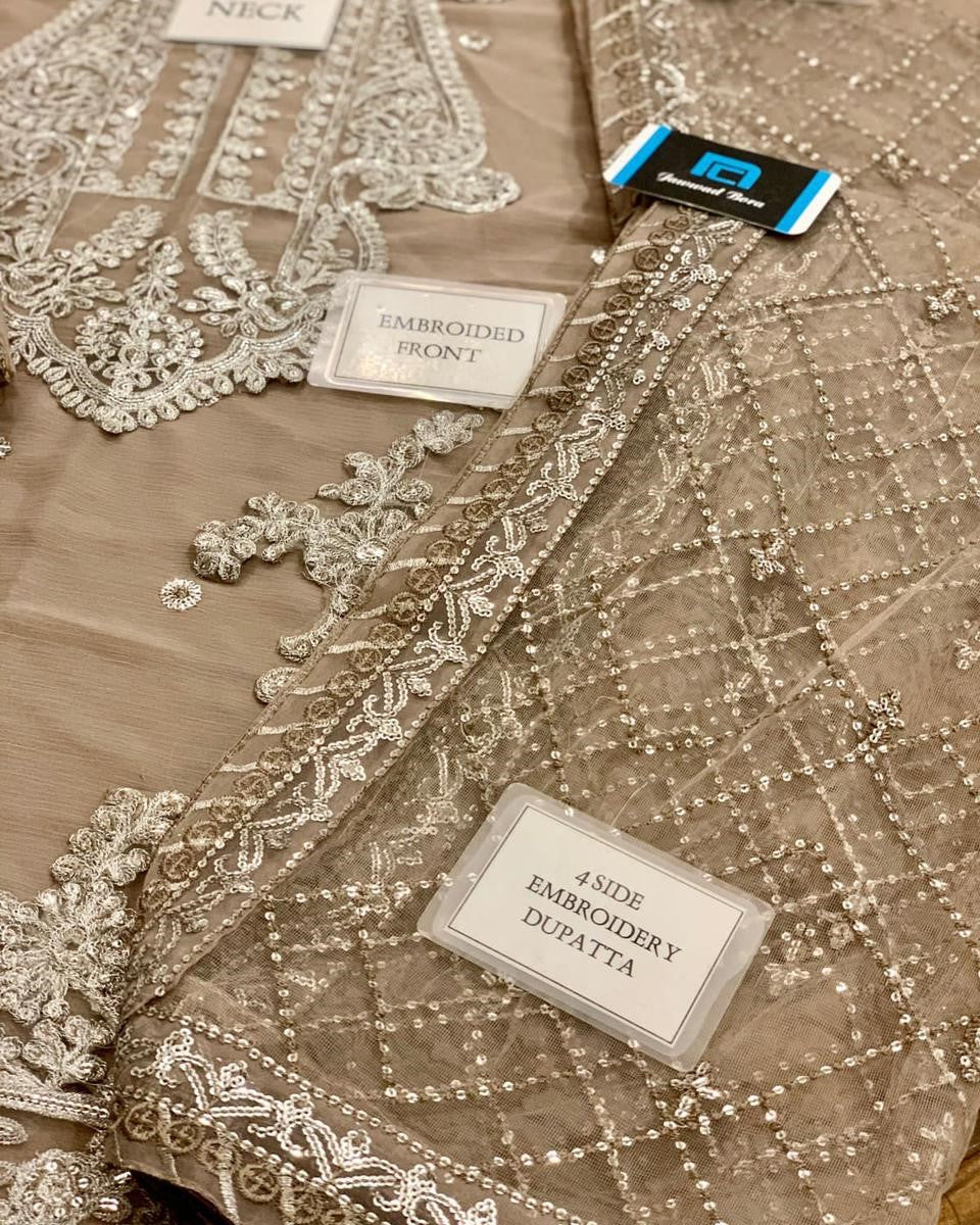 Net embroidered dupatta with 4 side heavy border
Dyed malai trouser for chiffon embroidered dress