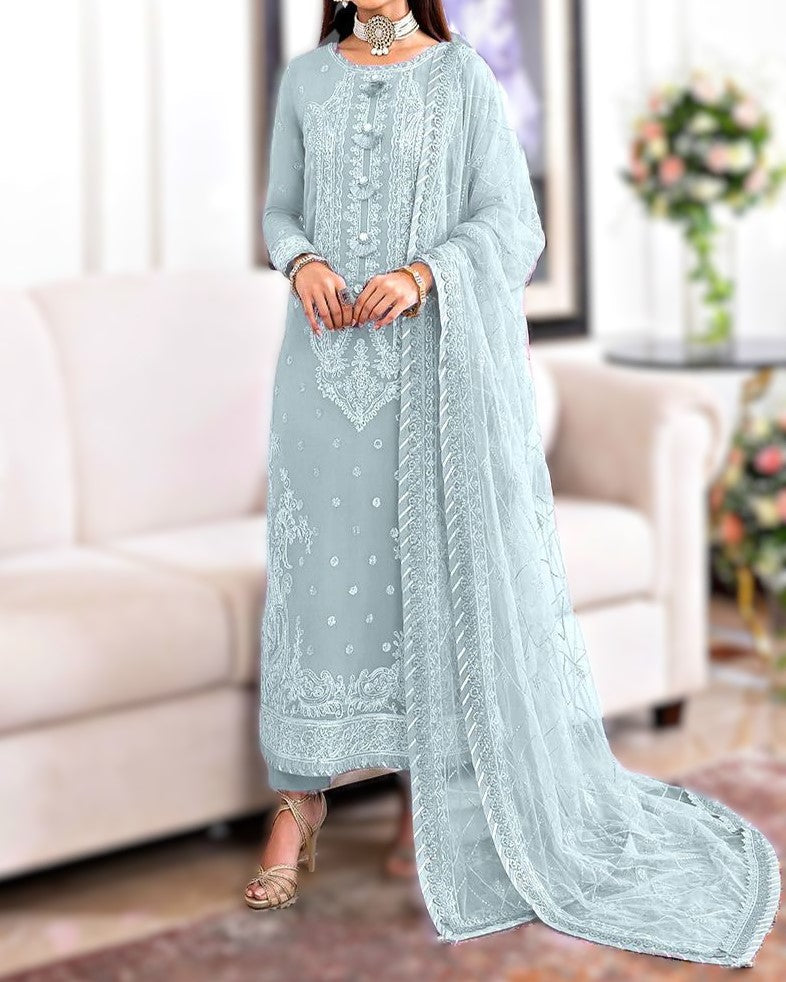 Net embroidered dupatta with 4 sided border
Dyed malai trouser paired with chiffon embroidered dress