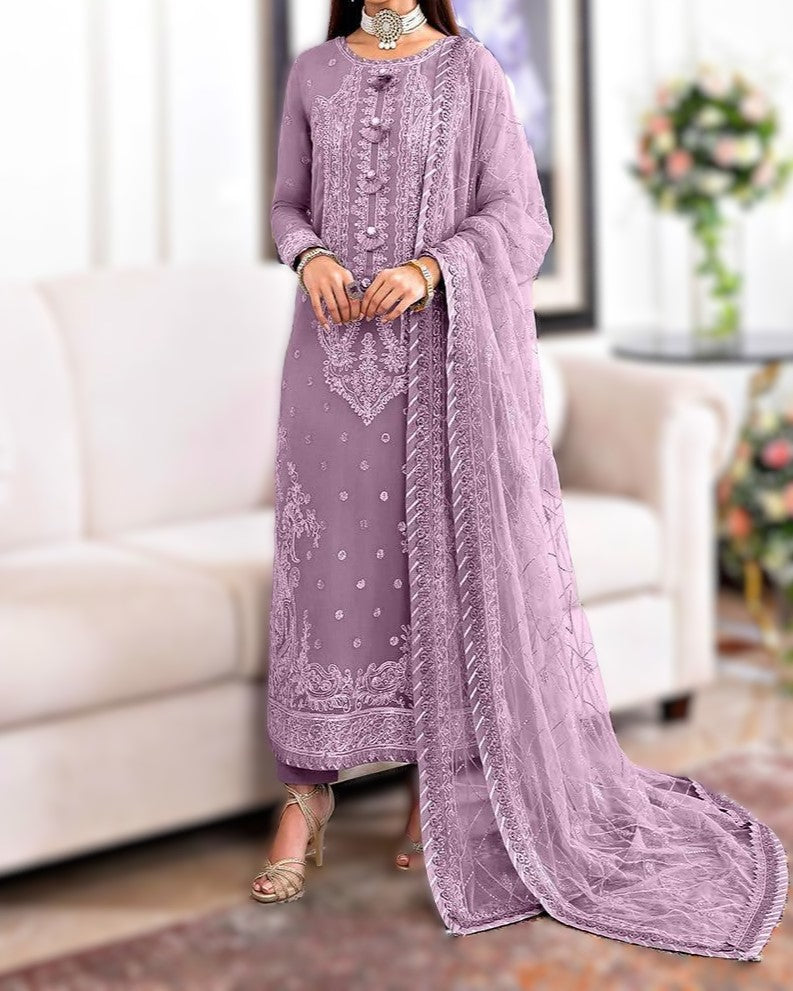 Luxury chiffon embroidered 3-piece suit with sequence work