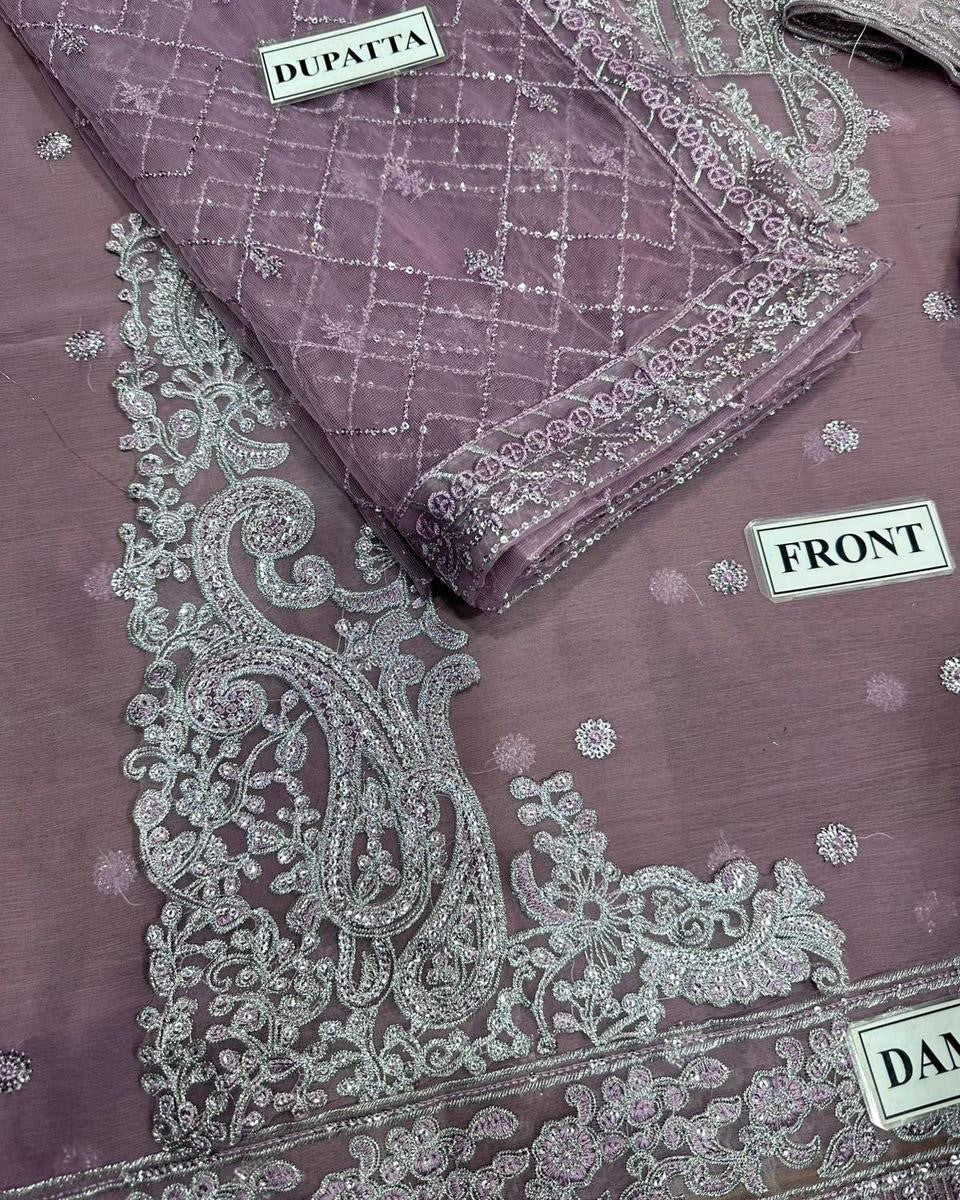 Luxury chiffon embroidered 3-piece suit with sequence work