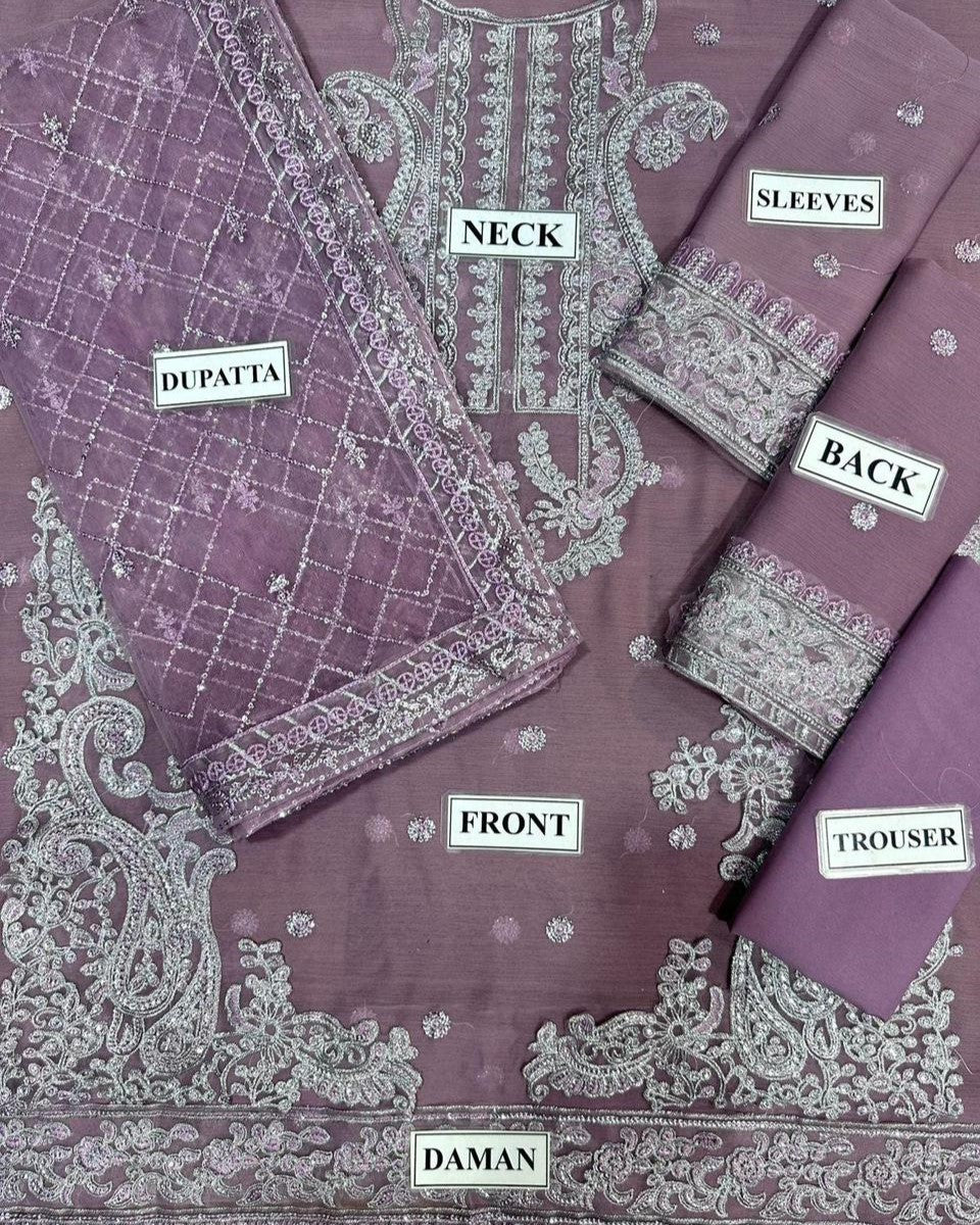 Luxury chiffon embroidered 3-piece suit with sequence work