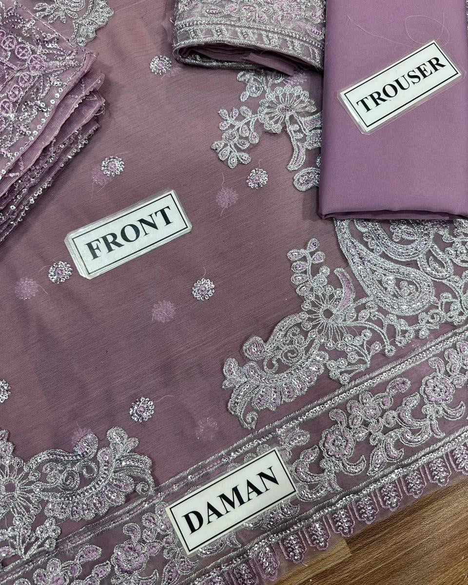 Luxury chiffon embroidered 3-piece suit with sequence work