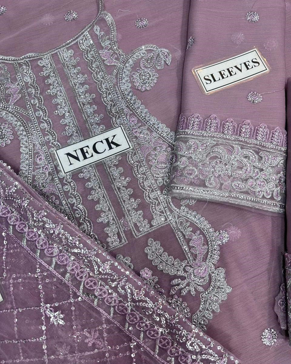 Purple fabric with silver embroidery labeled 'Neck' and 'Sleeves'.
